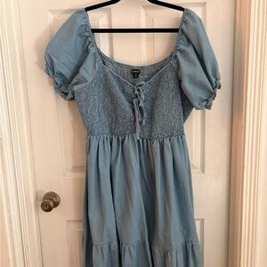 Light Blue Denim Puff Sleeve Smocked Midi Dress